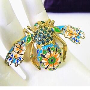 Joan Rivers Bee Brooch Pin Flower Blue Crystal Enameled Gold Flowers Cloisonee